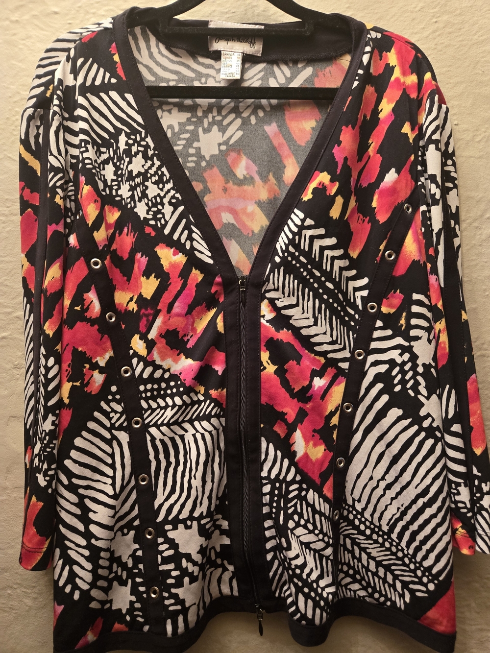 Joseph Ribkoff Abstract Print Zip Front Cardigan Jacket Black Pink White Size 16